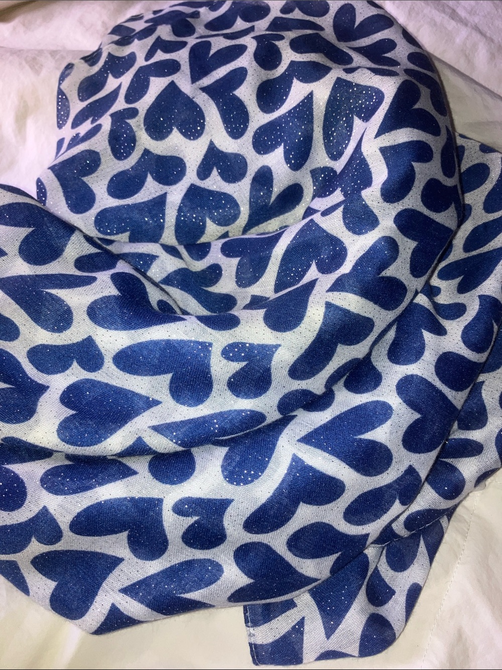 Jude&Clarisse Blue hearts scarf with silvery sparkles NWoT